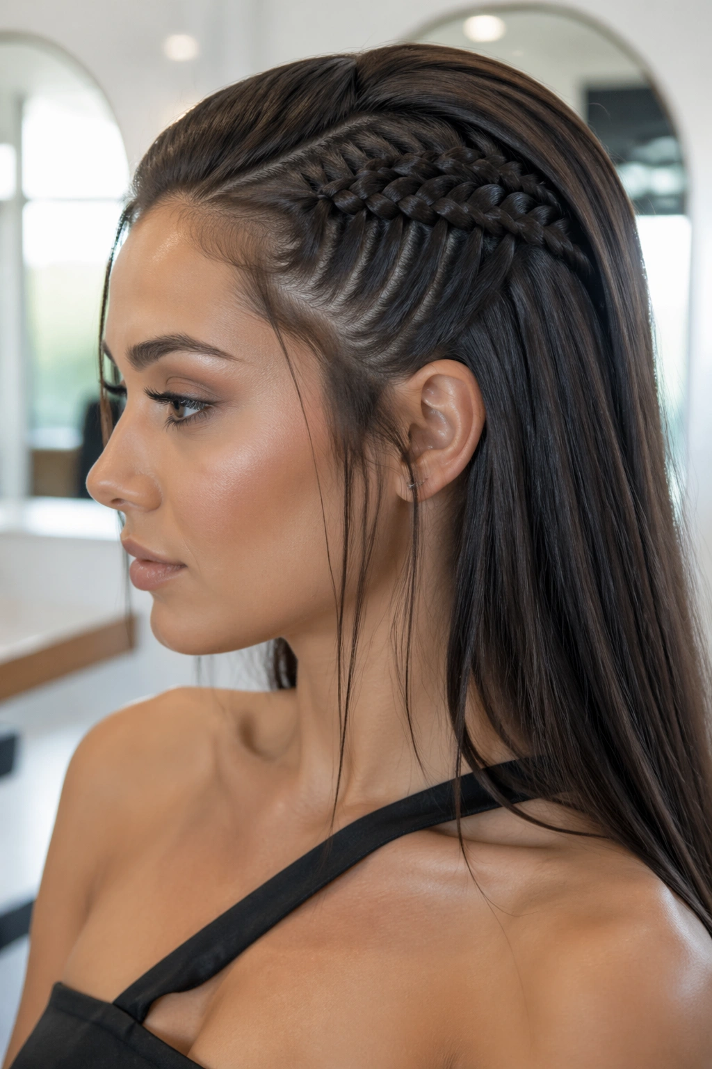 Profile view of a real woman with a lace braid along the temple