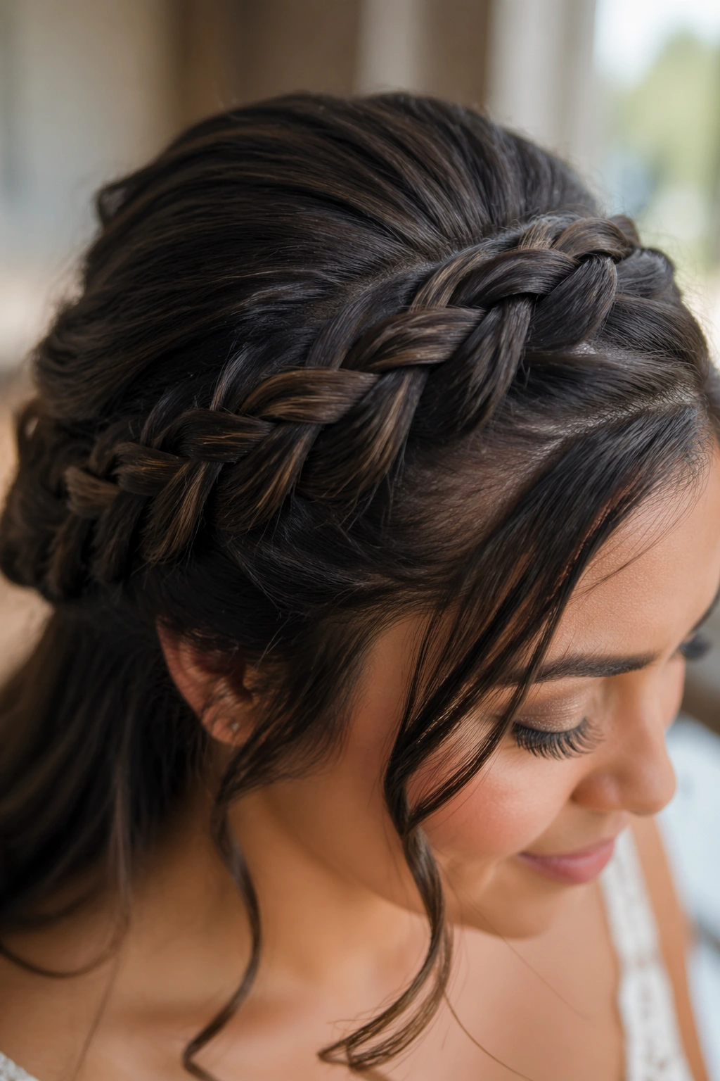 Close-up lace braid with face-framing tendrils in bridal suite