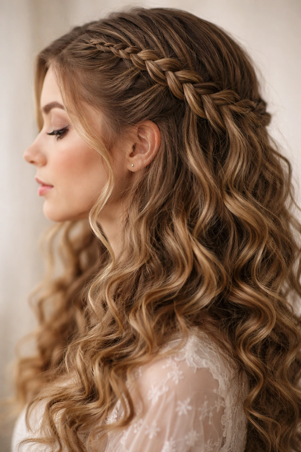 Close-up of lace braid with waterfall detail along scalp in a half-up hairstyle
