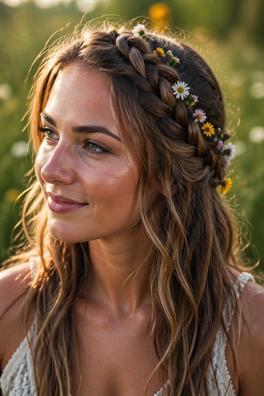 Close-up of a real woman wearing a lace braid with small wildflowers along the braid in a meadow setting.