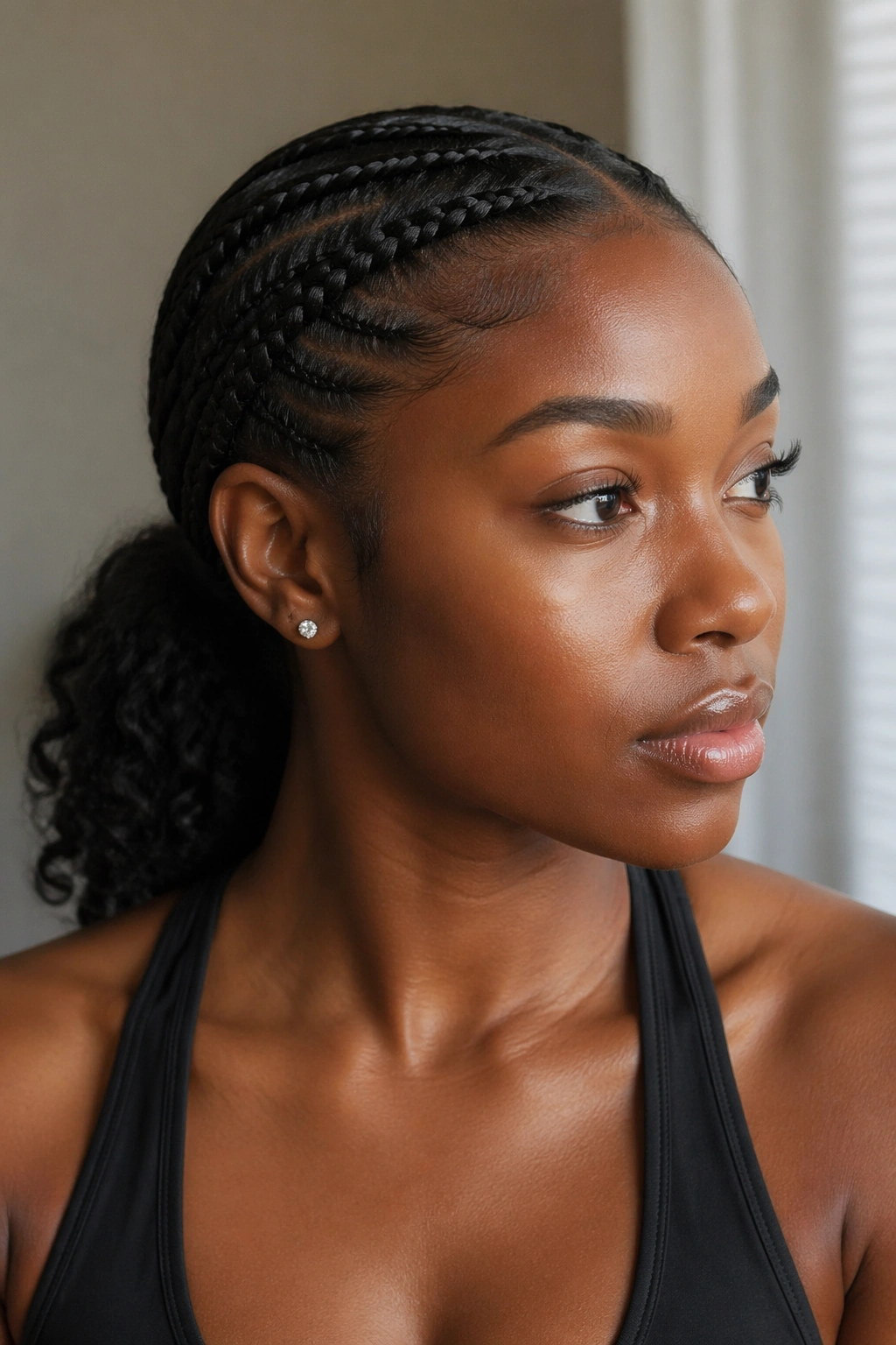 Close-up of a real woman wearing lace braids along the hairline into a sleek pony