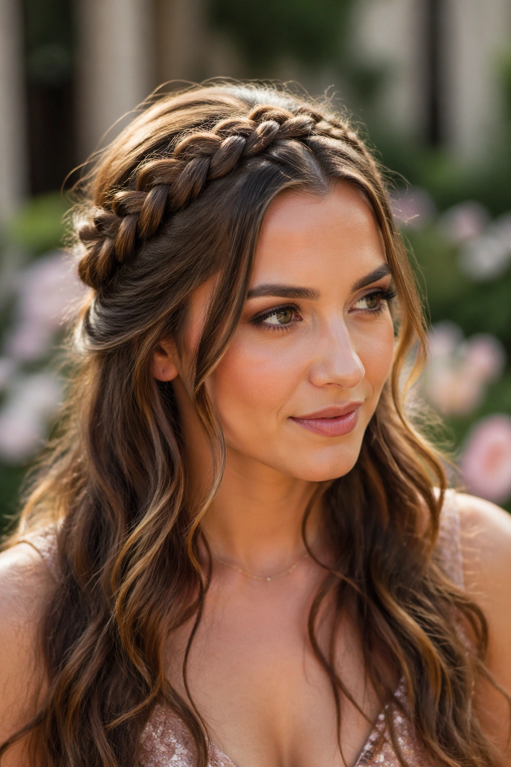 Real woman wearing lace-crown braid half-up with loose waves.