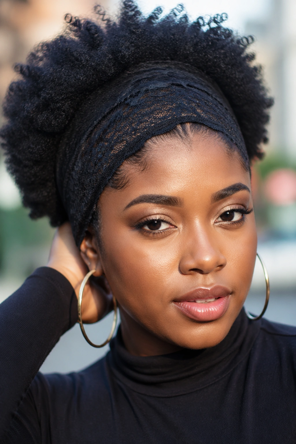 Close-up portrait with a lace stretch headband on an Afro