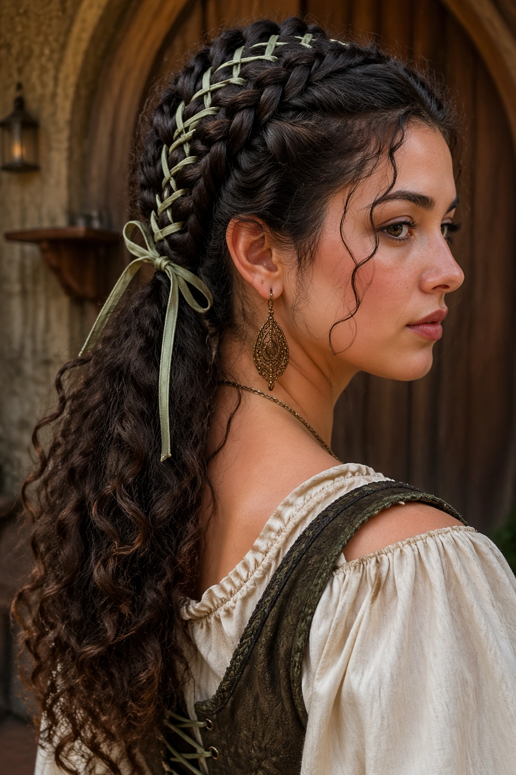 Portrait of a real person with lace-up corset braid ponytail featuring ribbon-laced braids