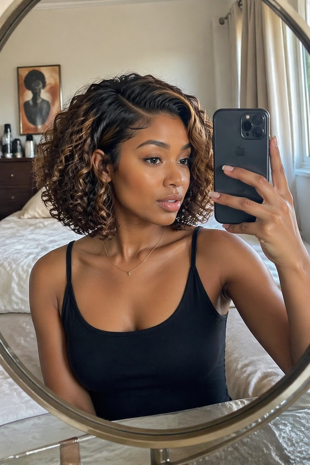 Mirror-selfie of caramel-highlighted curl bob wig at vanity