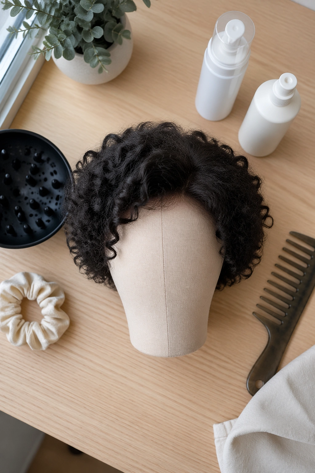 Overhead flat-lay of fluffy wash-and-go curly wig with styling products