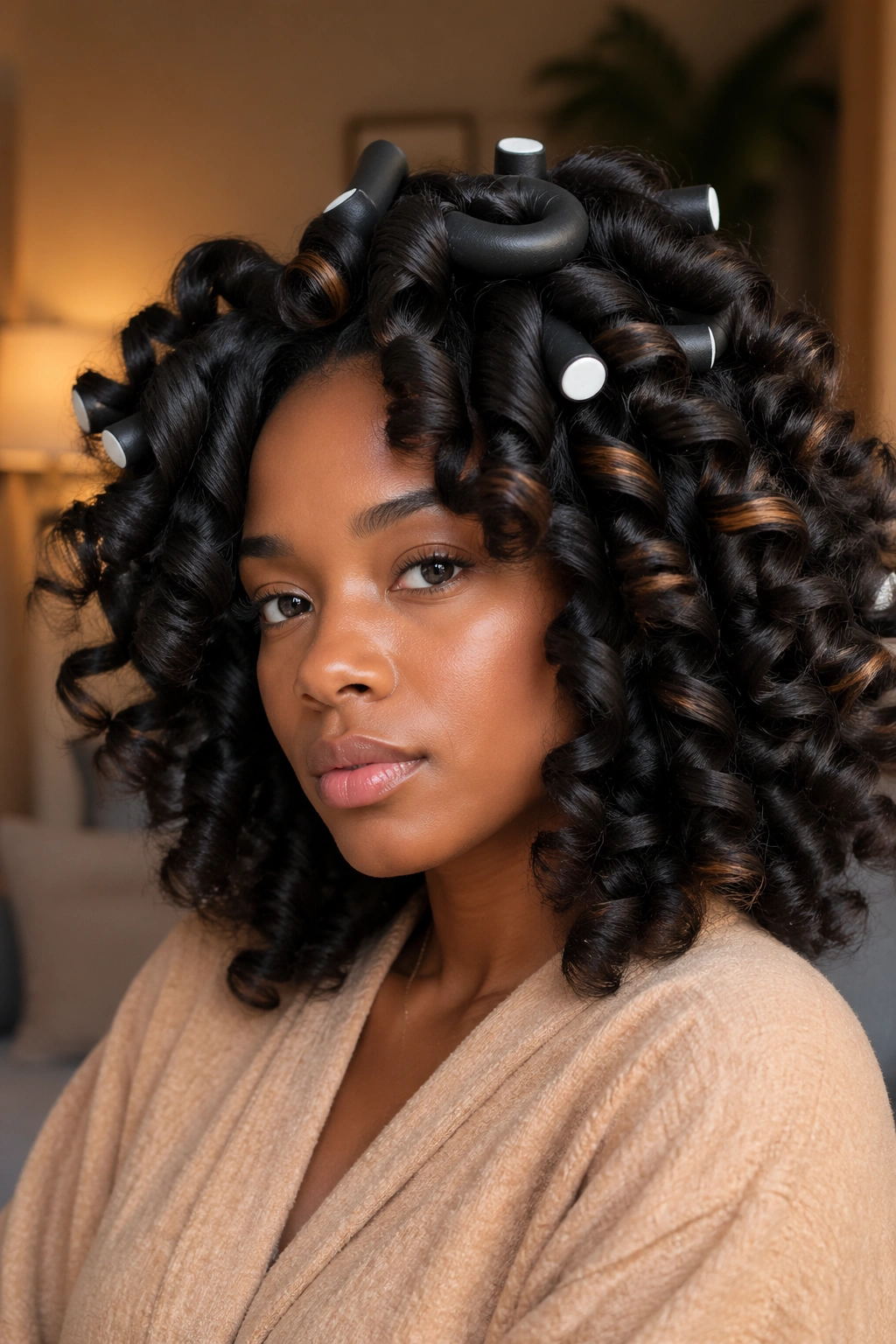 Close-up of a real woman with large flexi rod curls creating voluminous waves