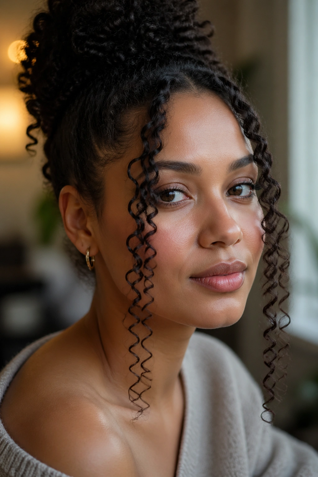 Close-up of a real woman with front face-framing curls that look held and defined