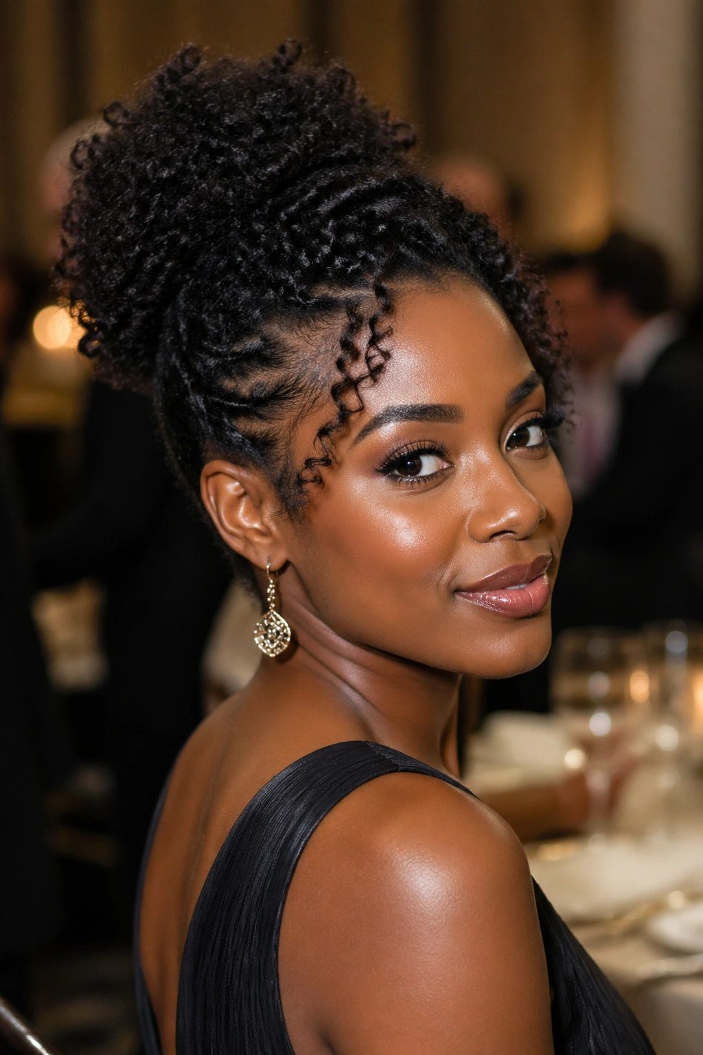 Real woman at a formal event with lasting hairstyle and defined curls