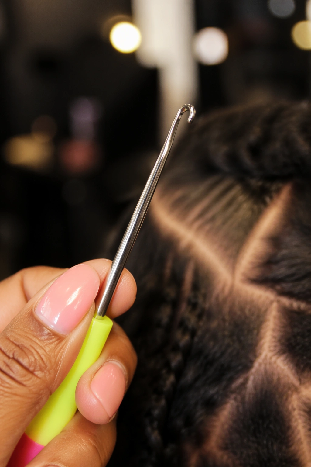 Extreme close-up of a metal latch hook held by a stylist's hand