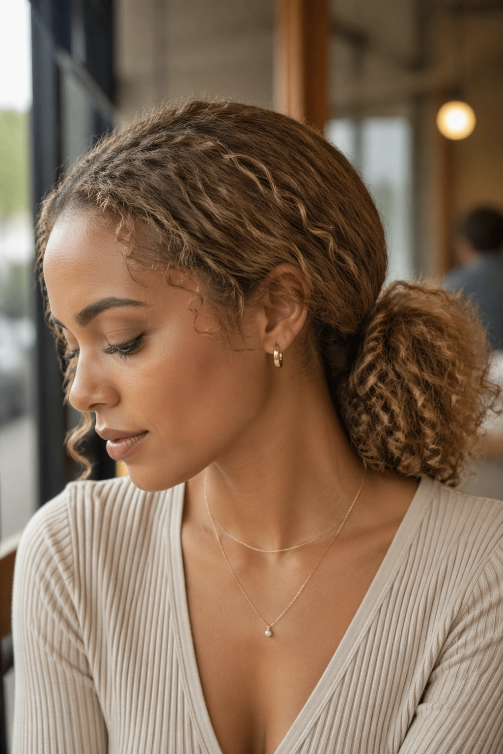 Close-up of real woman with latte brown low puff ponytail in cafe window light