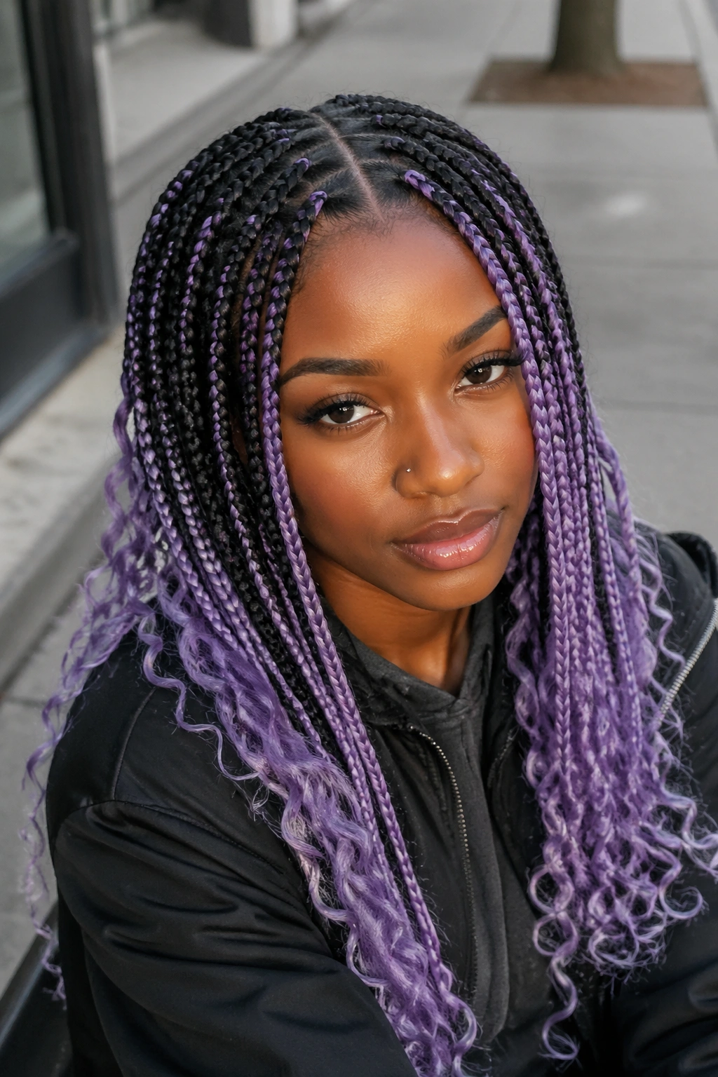 Close-up of lavender and black box braids on a real person in an urban setting
