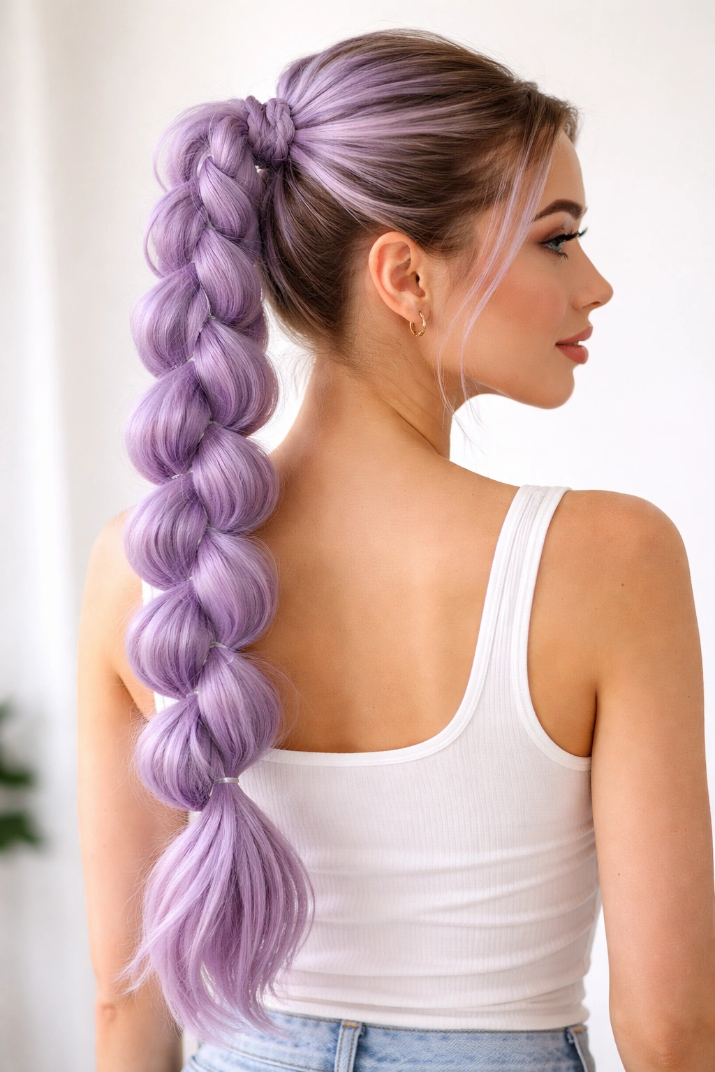 Lavender bubble braided ponytail with lifted bubble sections