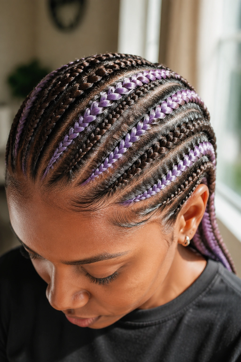 Brown base cornrows with lavender highlights woven through