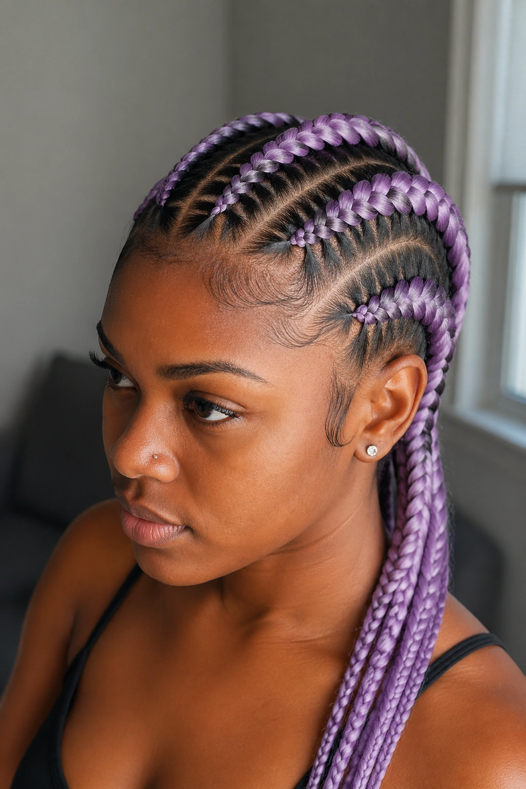 Portrait of a woman with lavender feed-in cornrows showing gradual length.