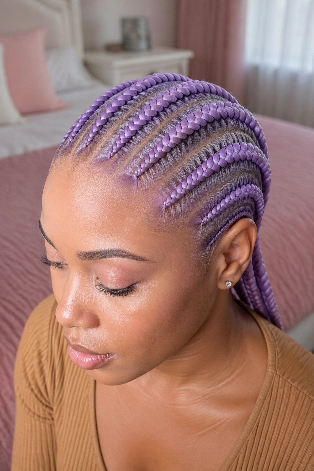 Close-up of a real person with six lavender cornrows