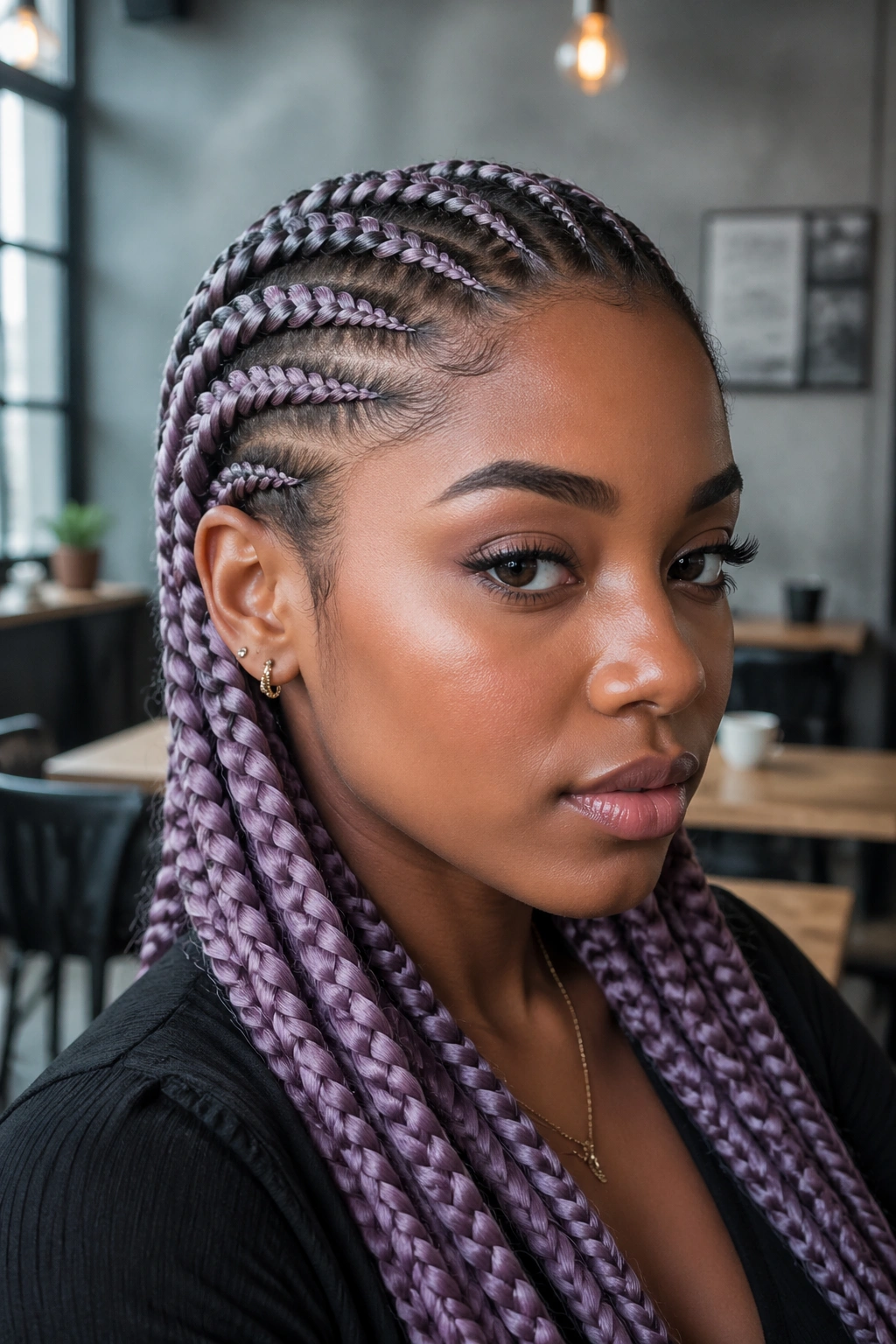 Real woman with smoky lavender cornrows and dark roots in cafe