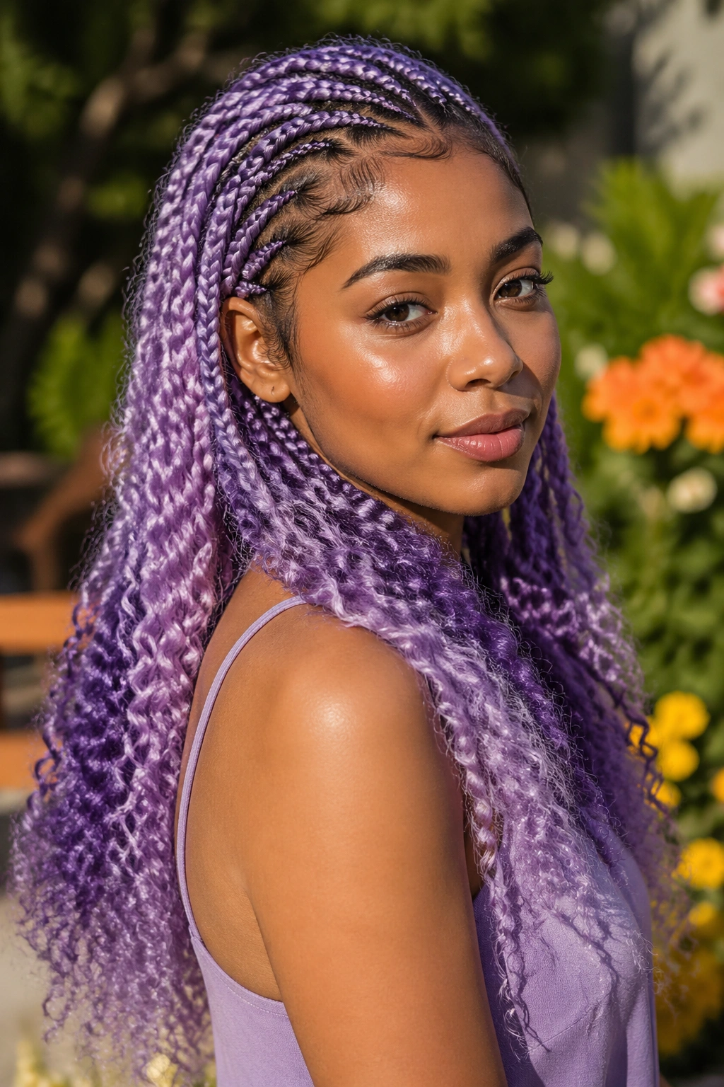 Real person with lavender goddess braids in a sunlit outdoor garden