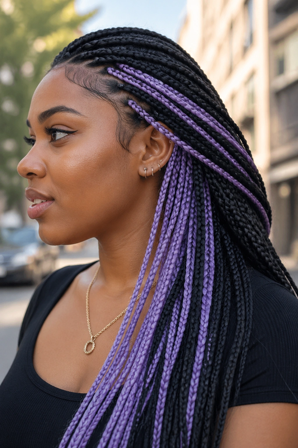 Close-up of a real woman with lavender peekaboo braids peeking from the side under dark braids