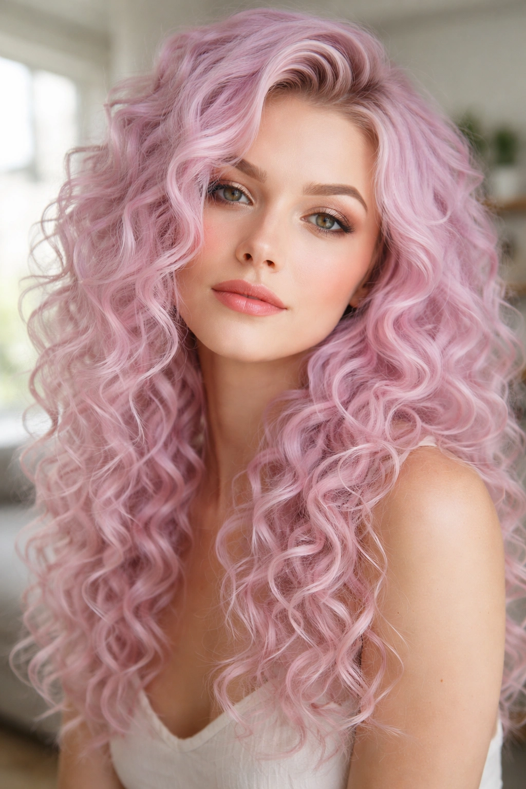 Close-up portrait of a real woman with pastel lavender-pink curls