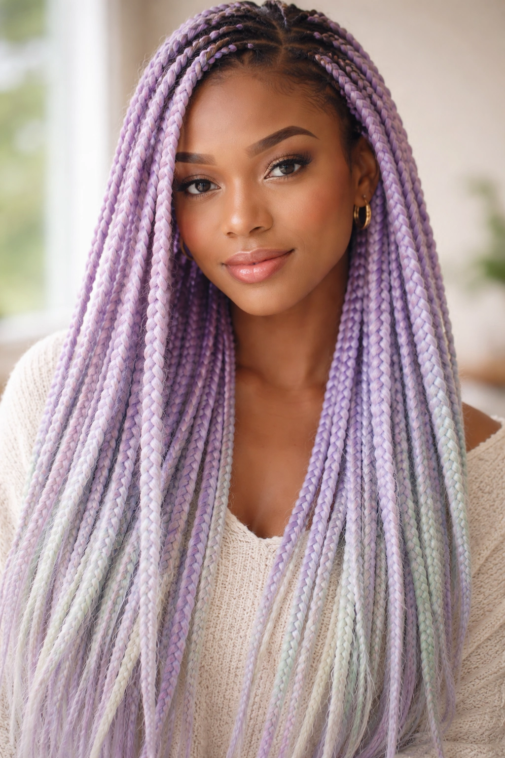 Close-up portrait of a real woman with lavender to silver pastel rainbow box braids