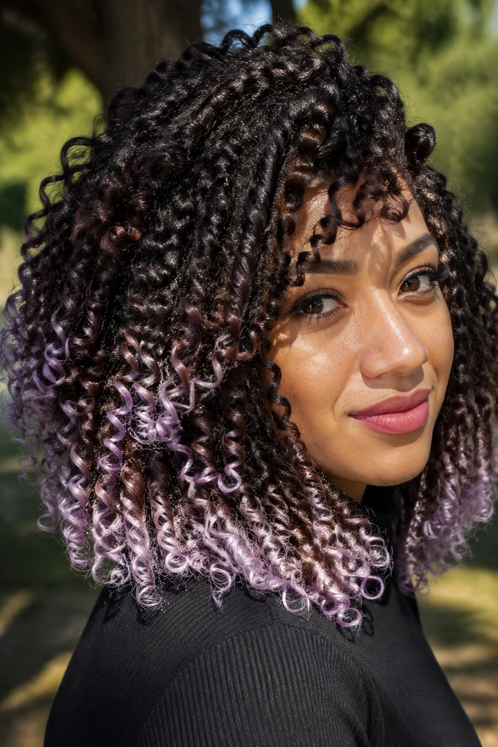 Close-up of a real person with lavender tips on dark curls