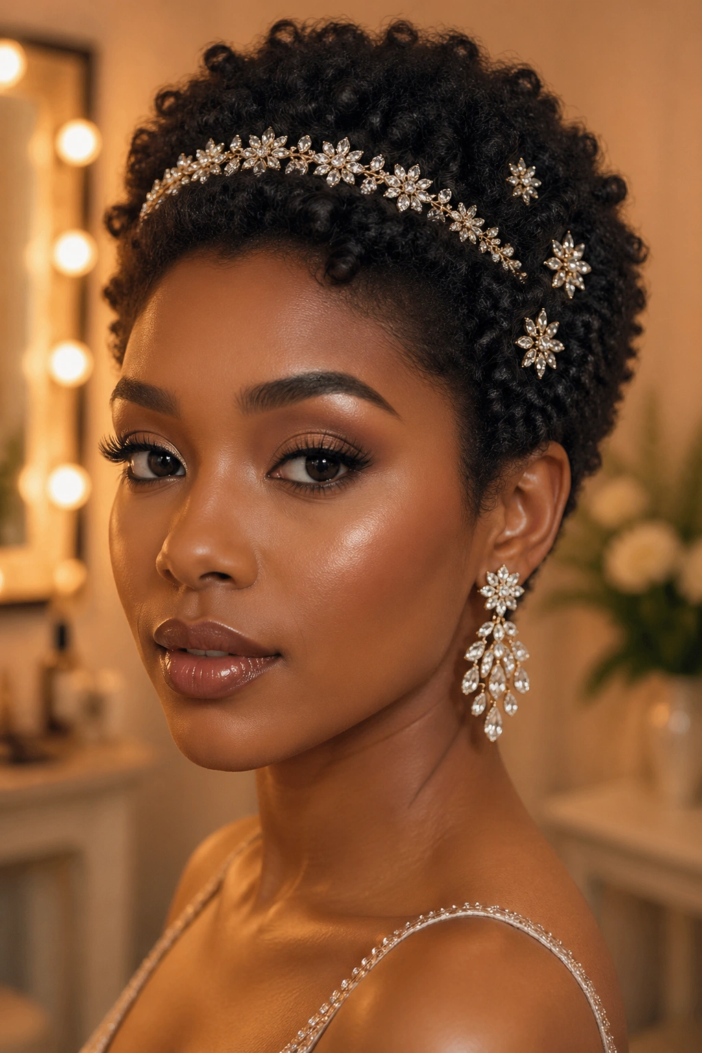 Close-up of a real person with short natural curls wearing layered accessories: headband, crystal pins, bold earrings