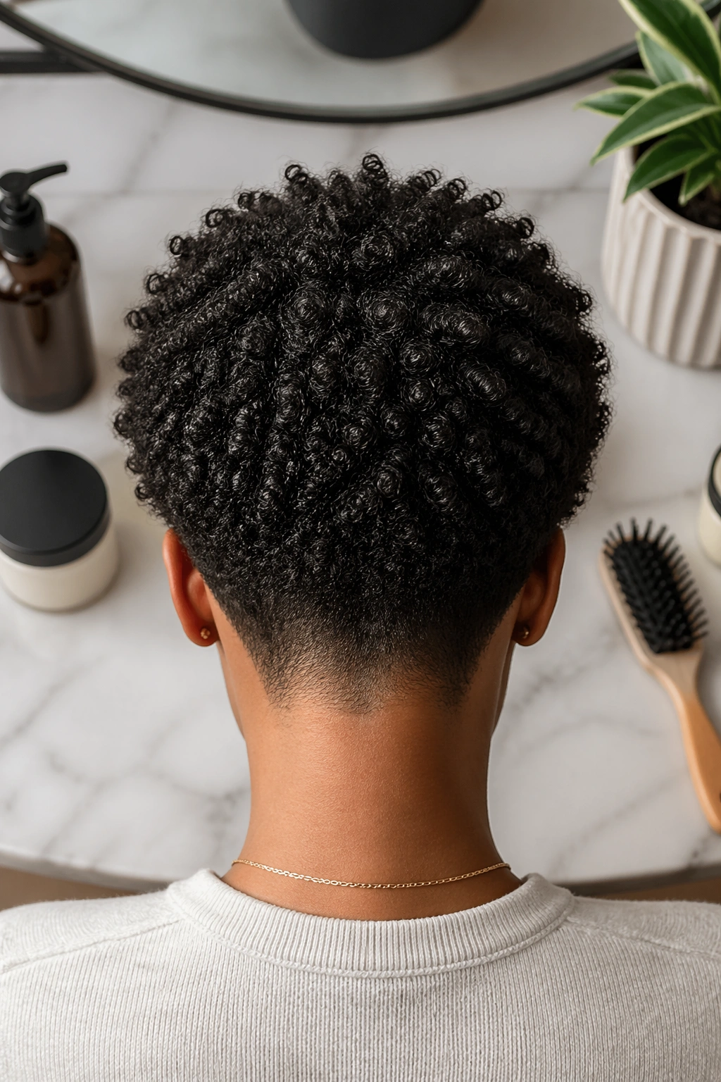 Overhead flat-lay of layered Afro with tapered nape