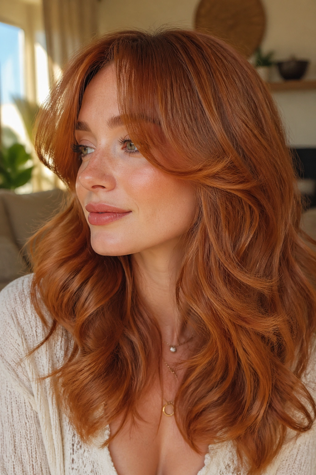 Close-up of a real woman with copper-red wavy hair and layered bangs flipped at the ends
