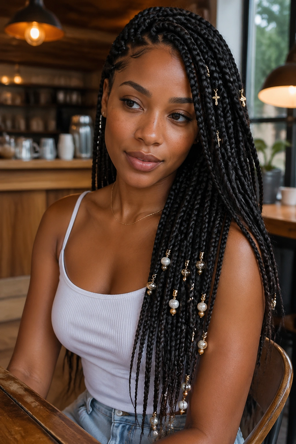 Portrait of a real woman with layered side-swept knotless braids and charms