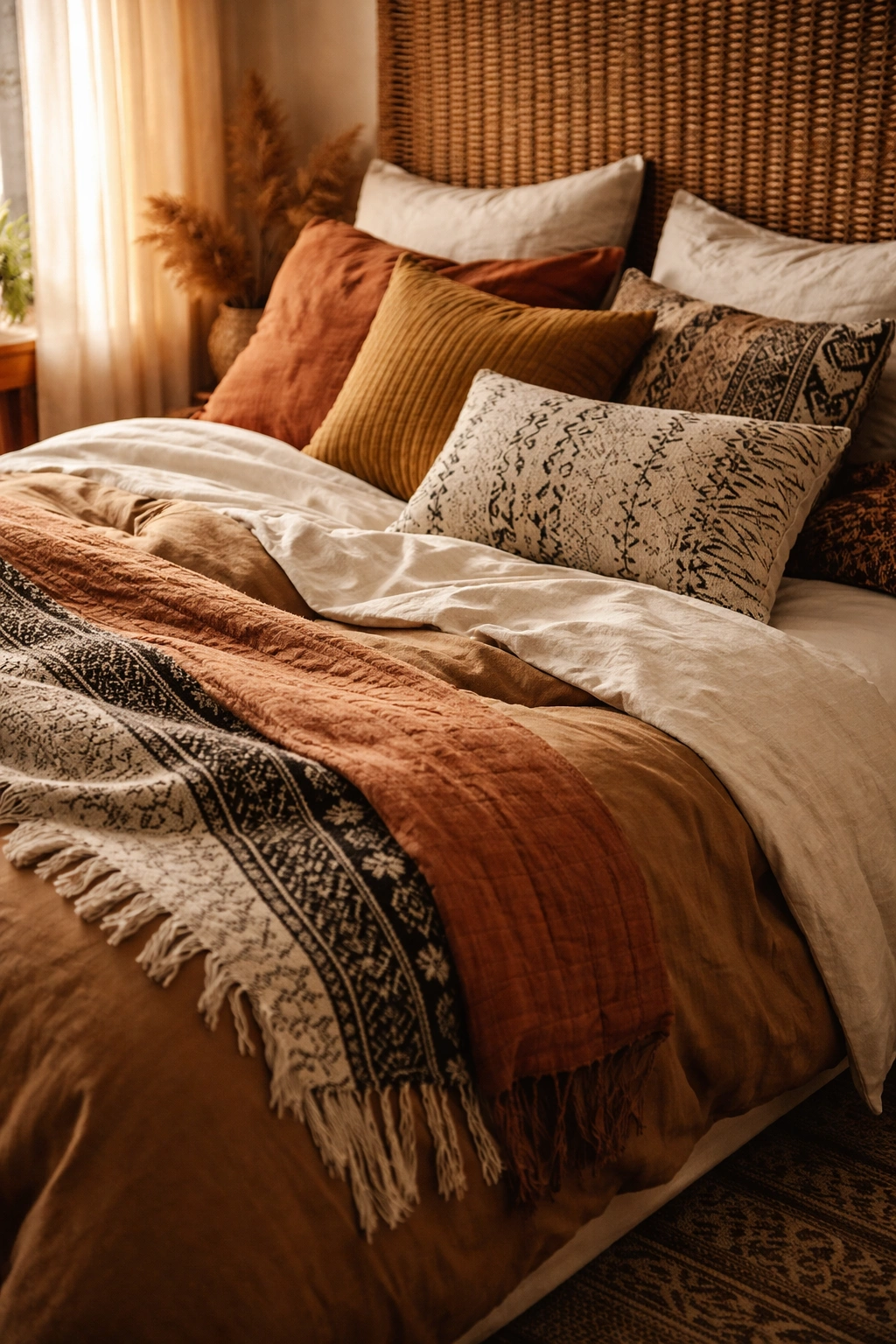 Bed with layered bedding in cream, camel, and rust tones.