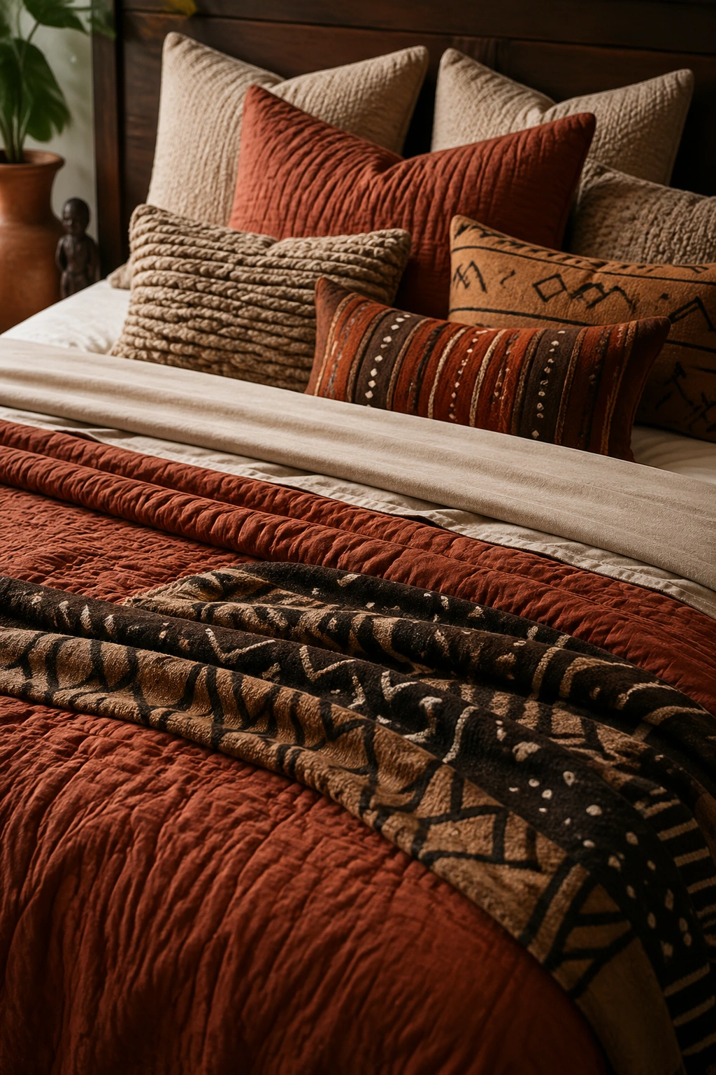 Layered bedding with earth-toned tones and textures