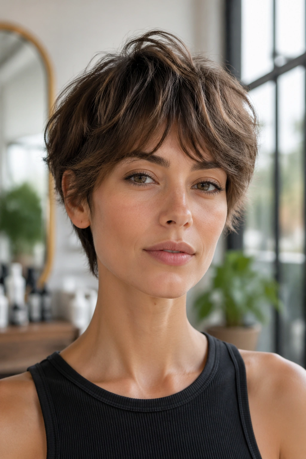 Close-up portrait of a real woman with layered bixie cut and soft crown lift