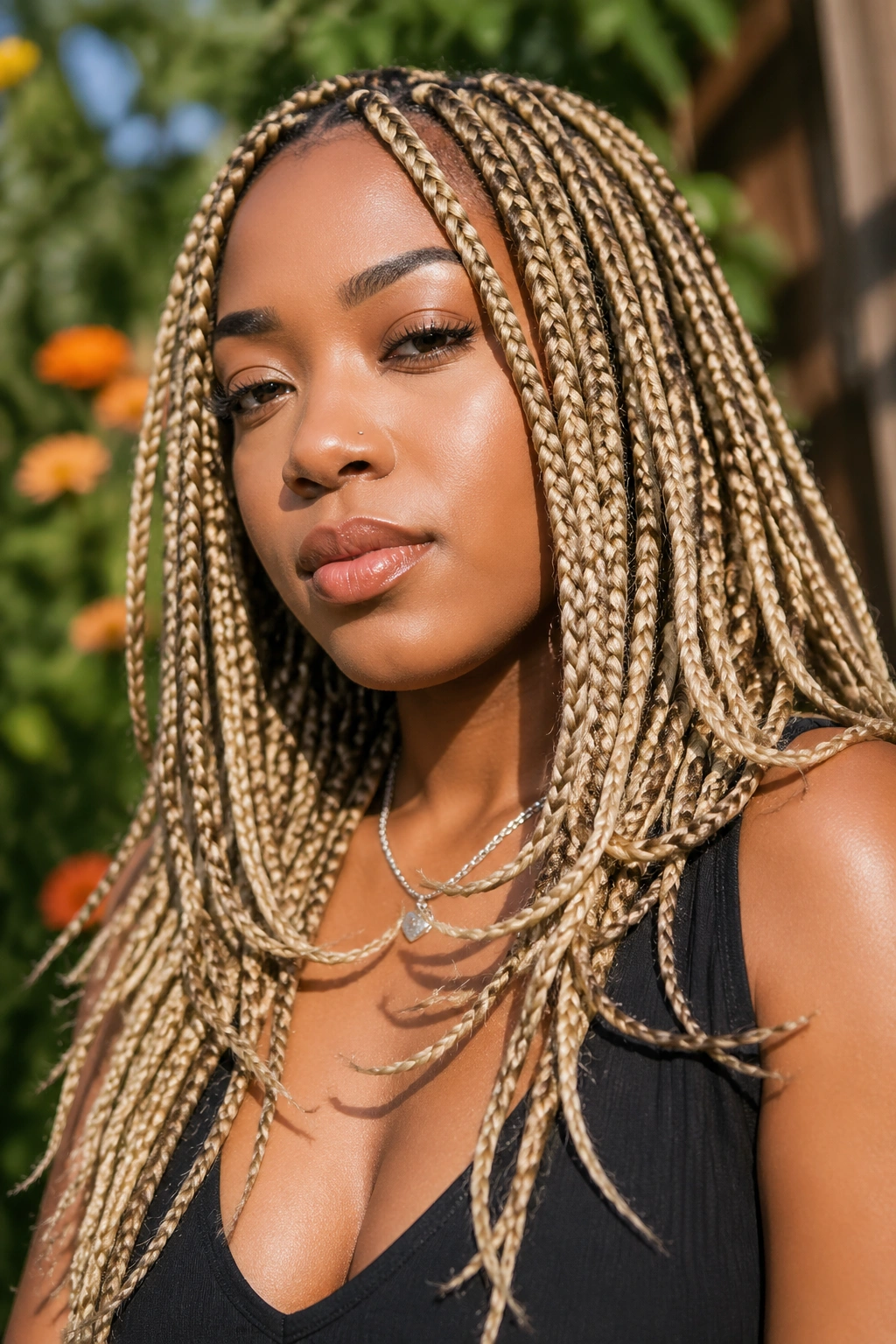 Close-up of a real woman with layered blonde box braids showing movement and depth.