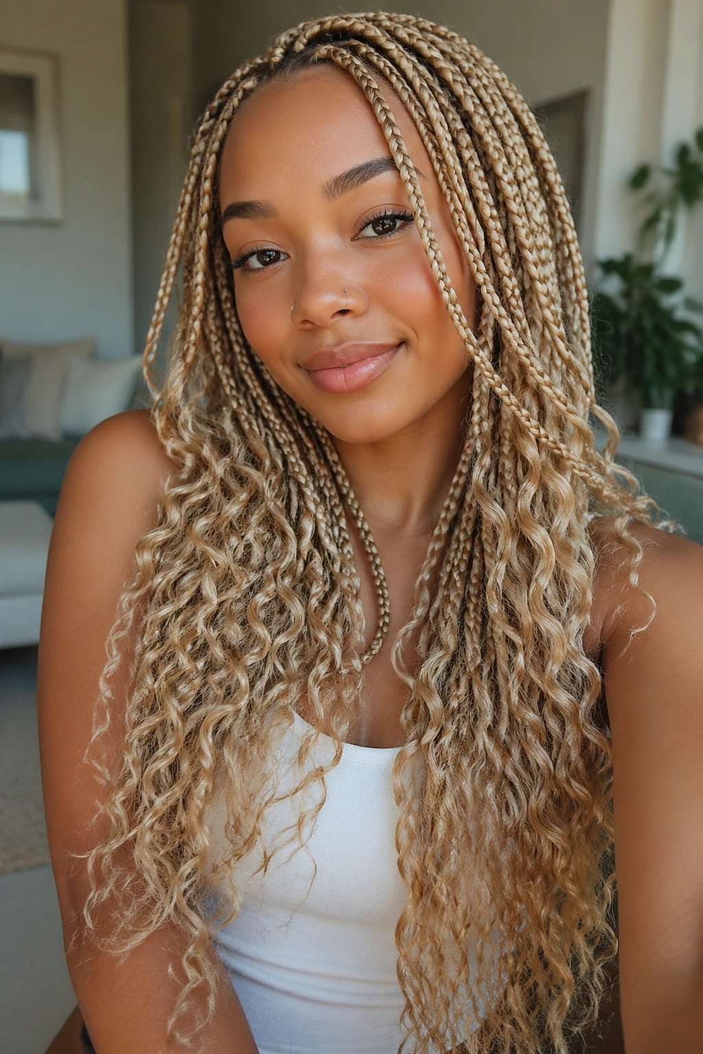 Close-up portrait of layered blonde knotless box braids with long curly ends on a real person