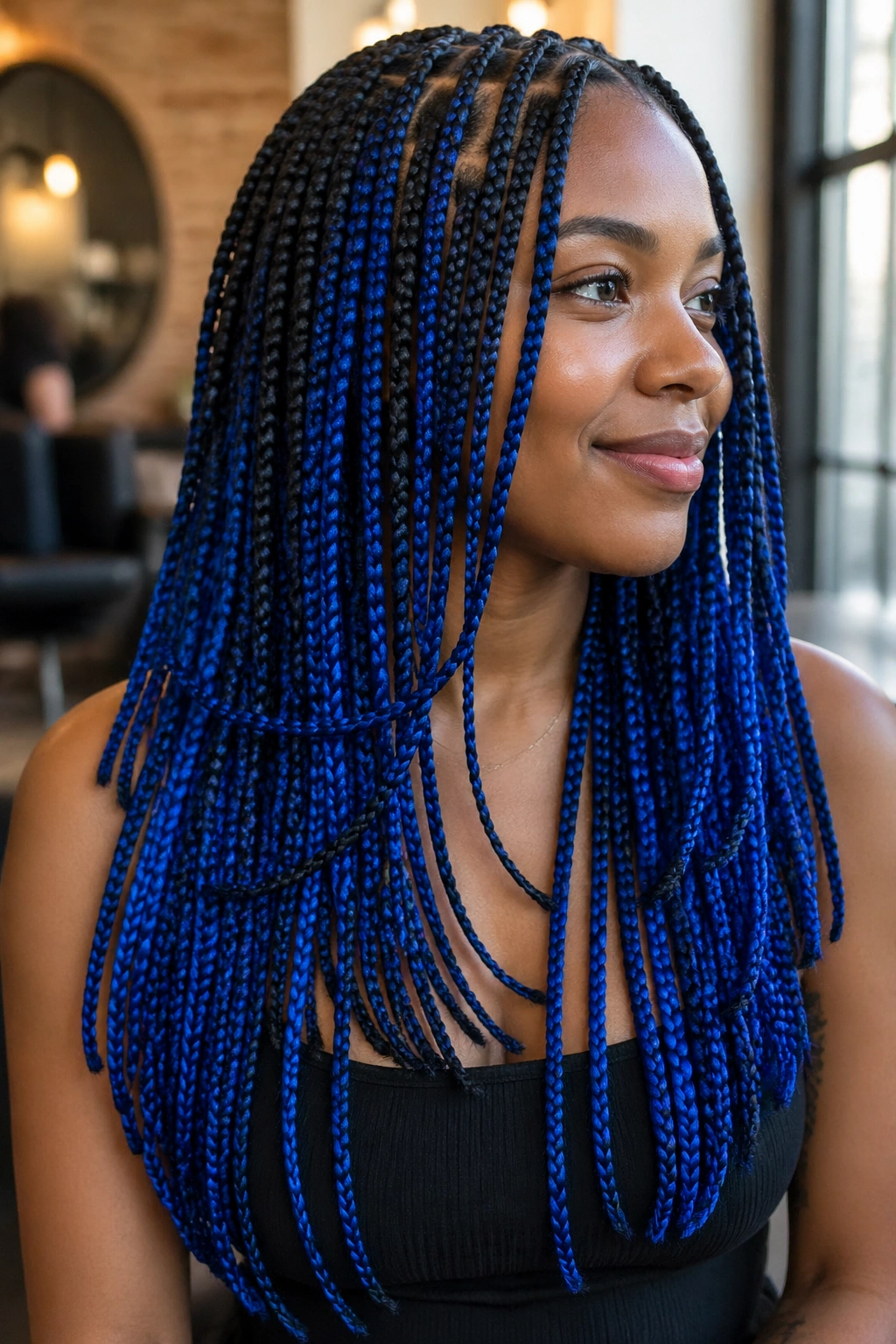 Close-up of layered blue box braids on a real person in a warm salon.