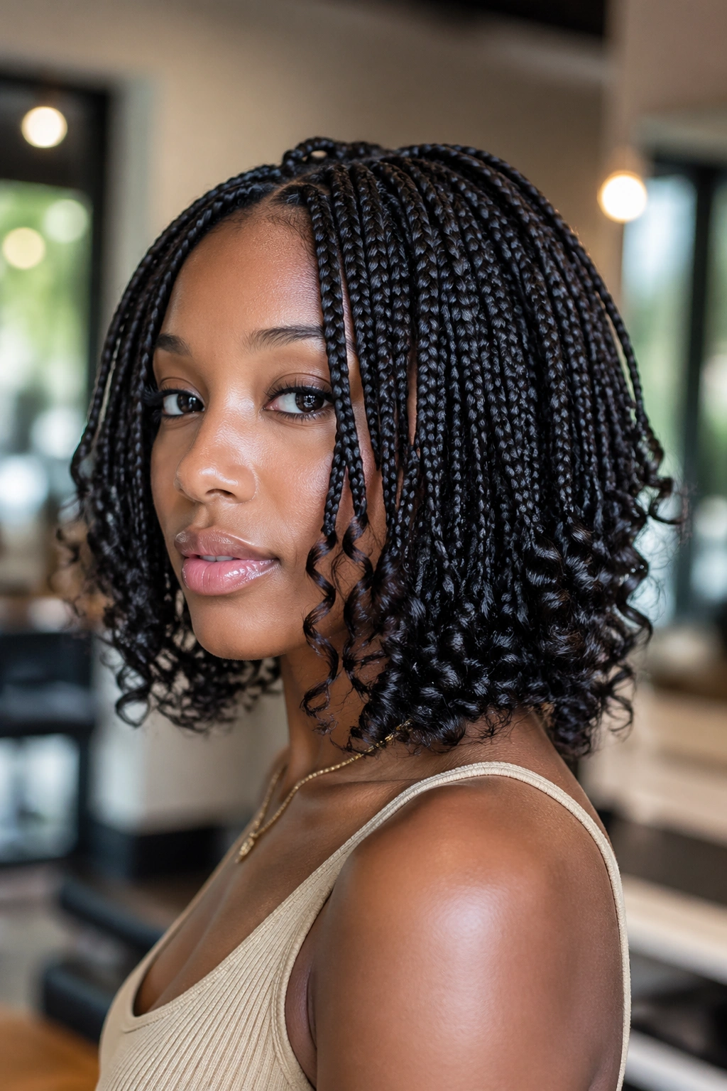 Real woman with layered bob box braids and curled tips.