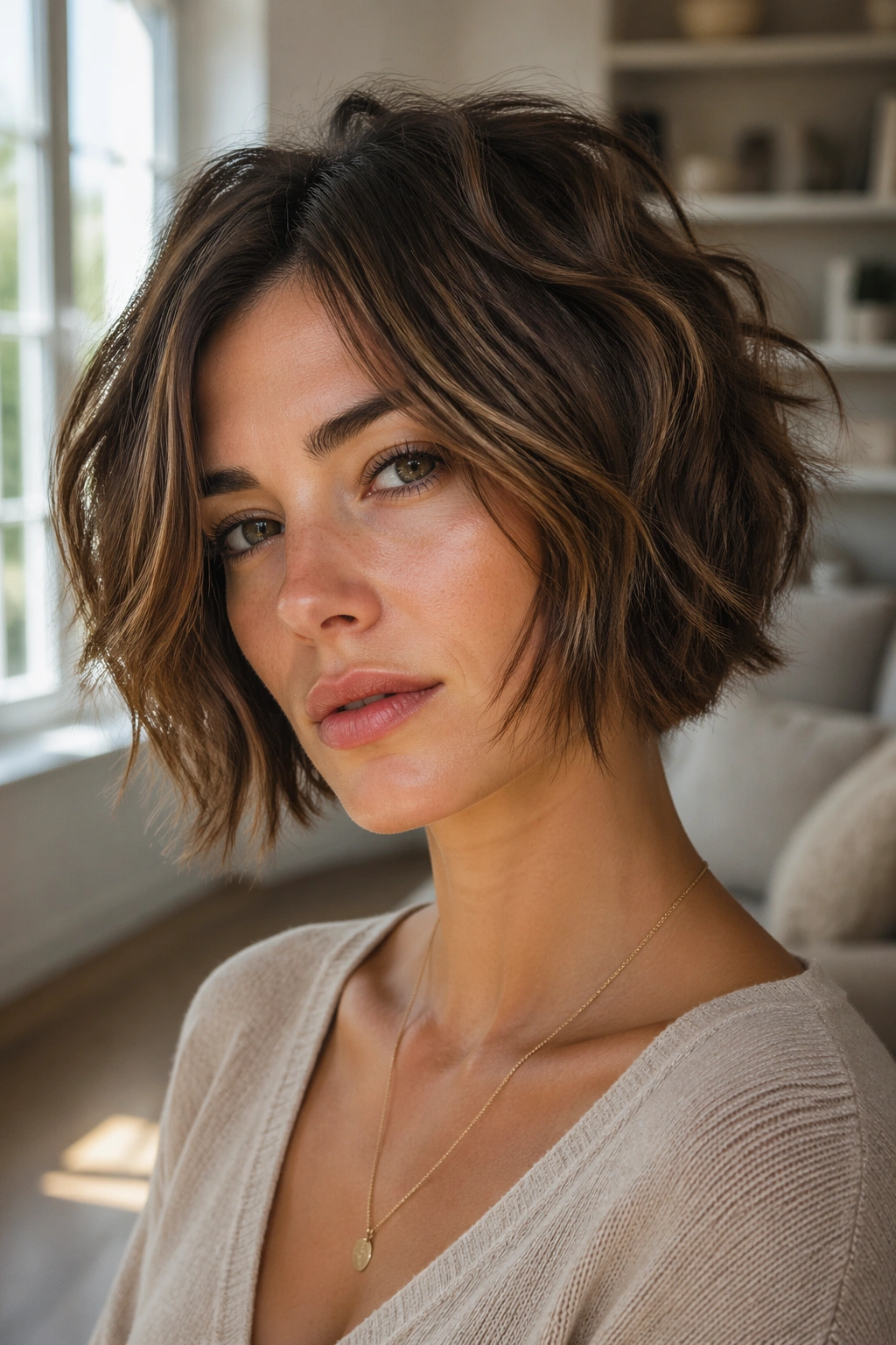 Close-up portrait of a real woman with layered bob and choppy ends in natural window light