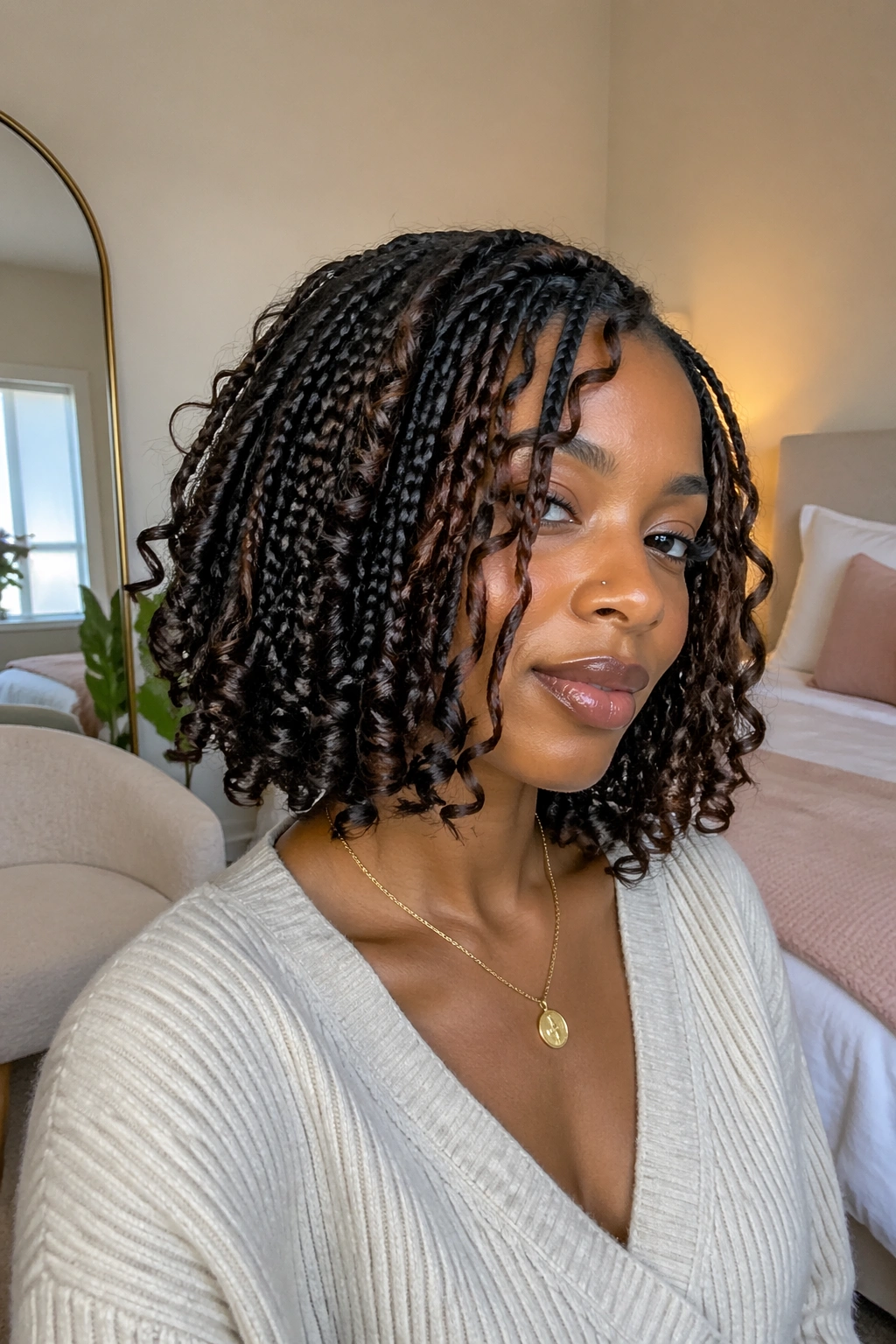 Layered braided bob with mixed curl sizes in sunlit room