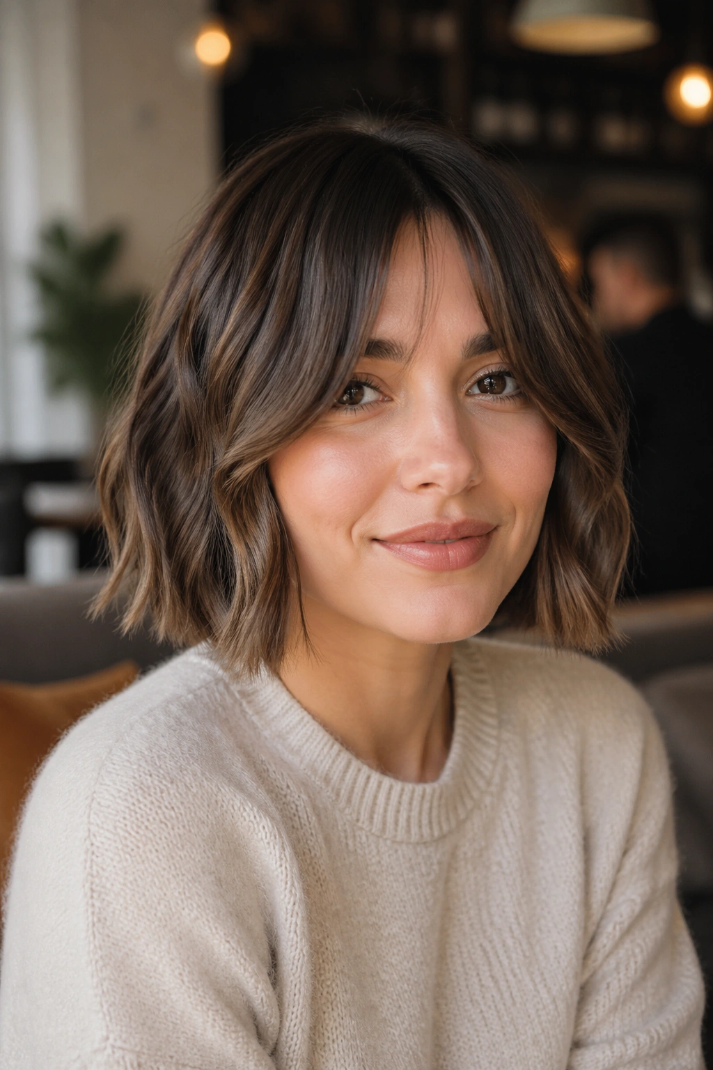 Portrait of a real woman with layered bob and curtain bangs