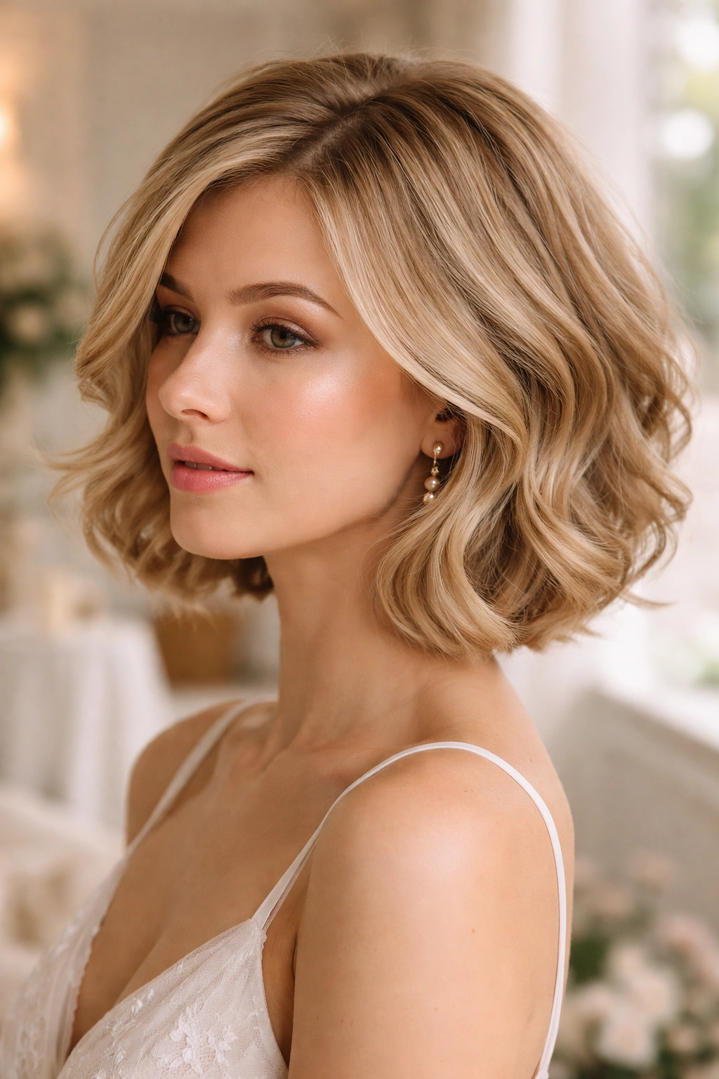 Close-up portrait of a real woman with layered bob for fine hair