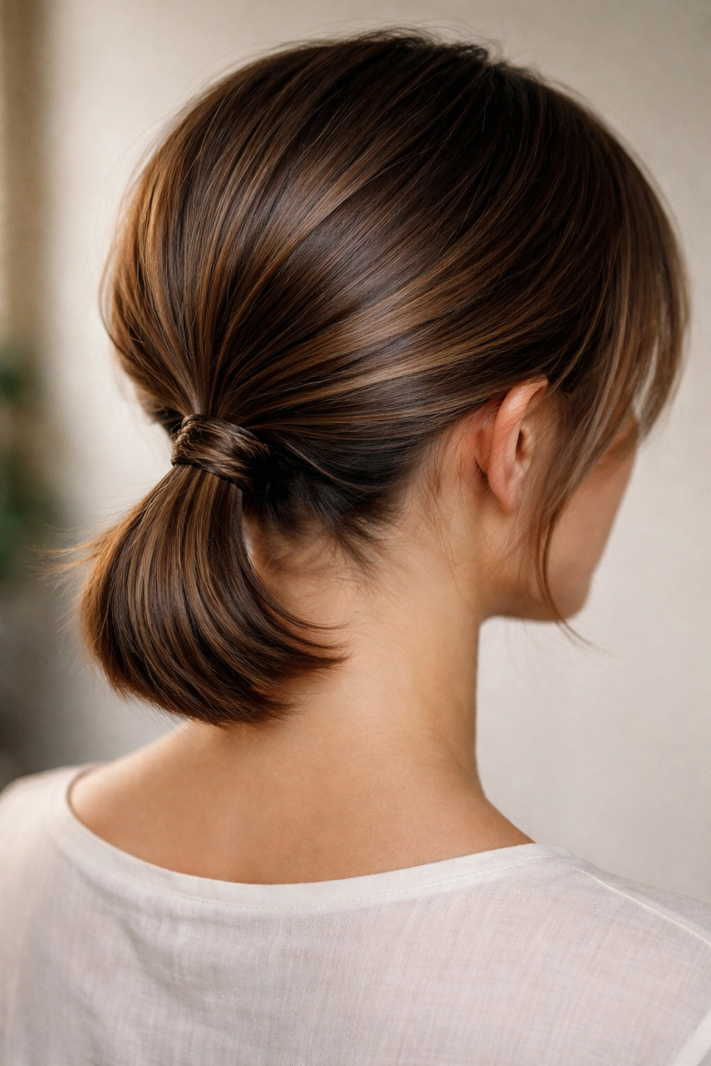 Layered bob pulled into a small ponytail showing tucked layers
