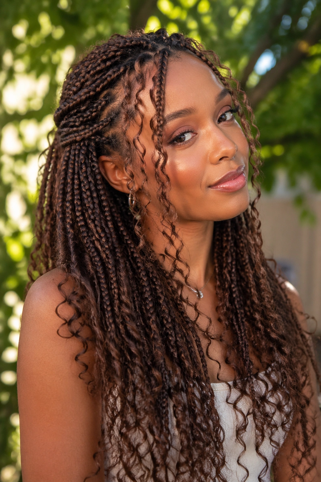 Close-up of a real woman with layered boho box braids and face-framing pieces in sunlight