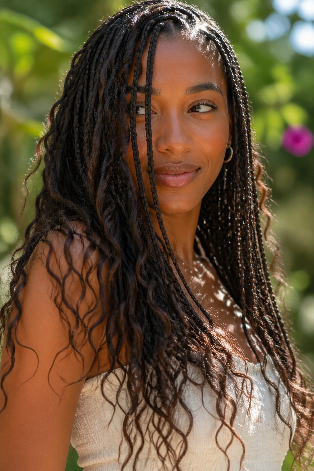 Close-up of layered long boho box braids on a real person.