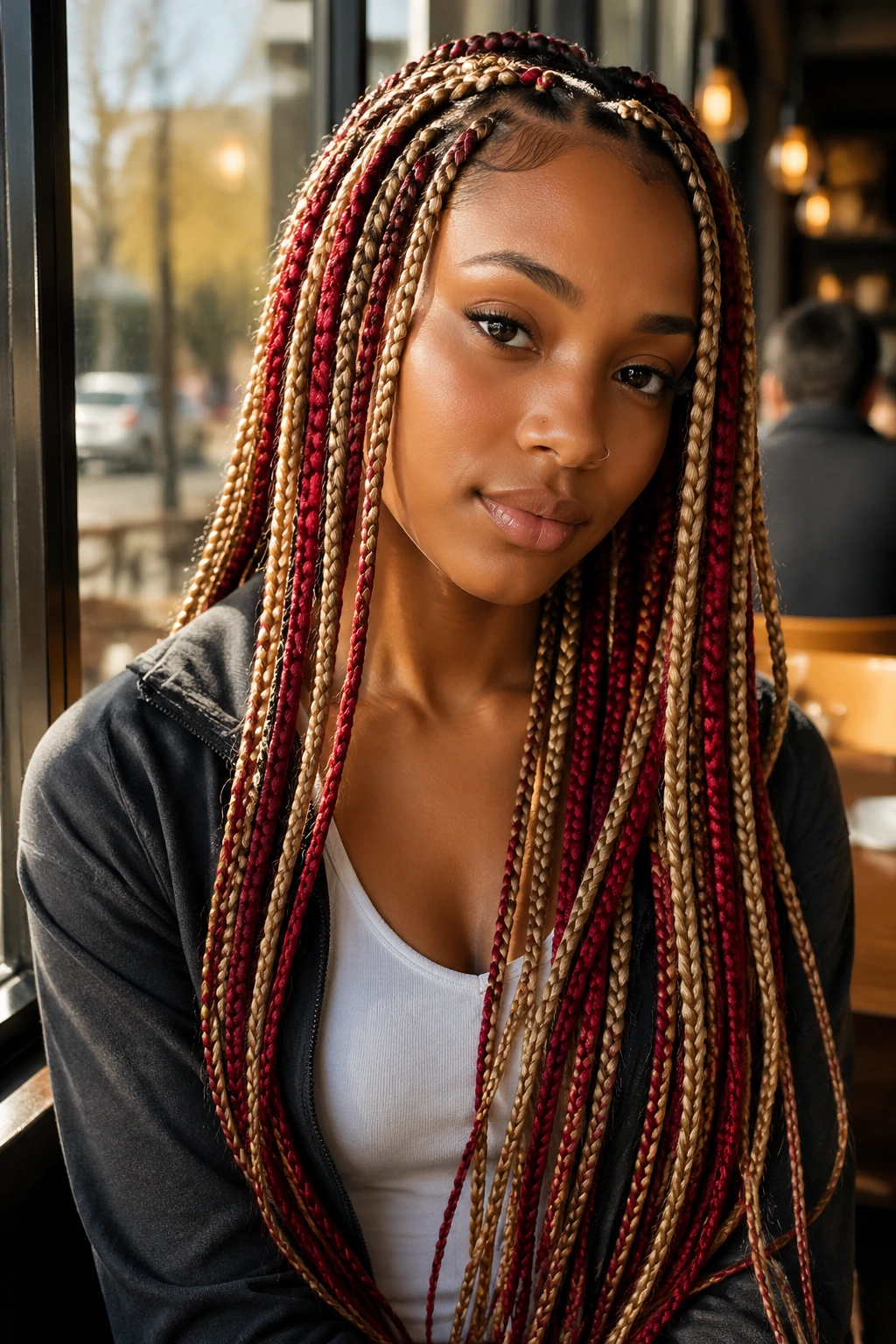 Real woman with layered box braids and alternating blonde and red strands.