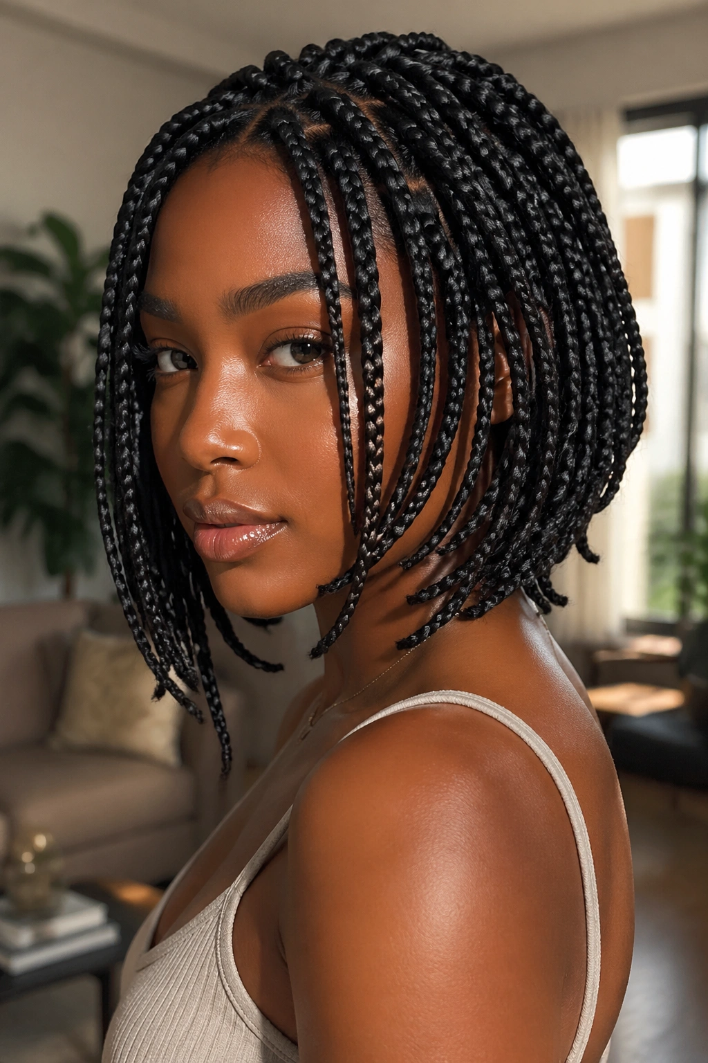 Close-up of Layered Box Braid Bob on a real person in warm window light