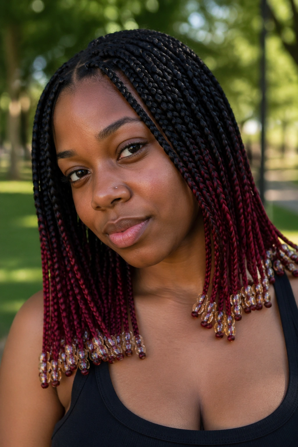 Close-up of layered medium box braids with cherry red bottom rows on a real person