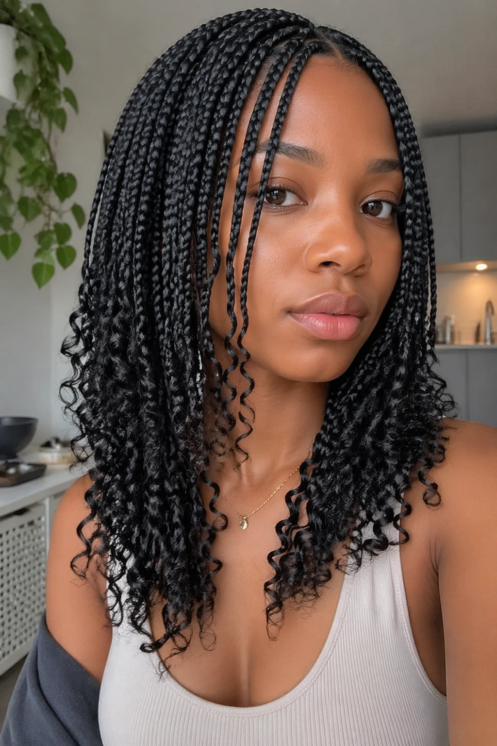 Layered box braids with curly ends on a real person