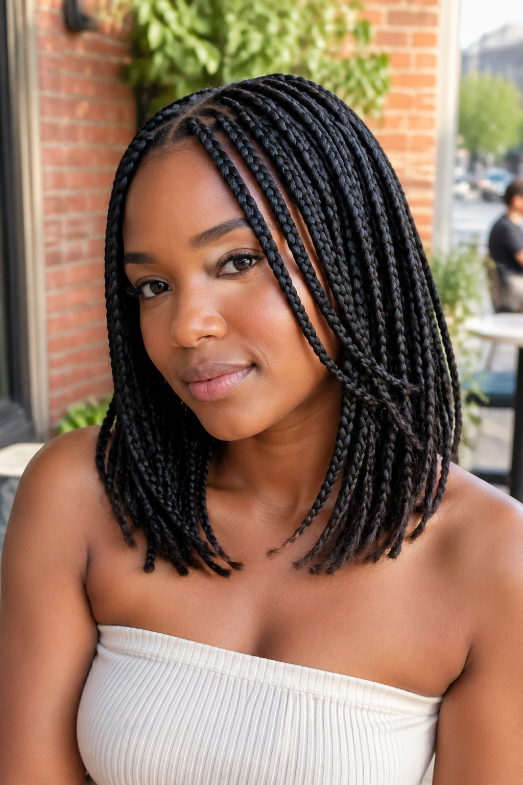Close-up of a real woman with layered box braids framing the jaw