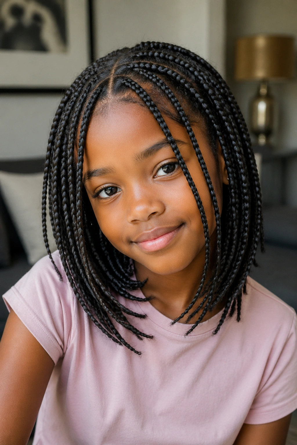 Close-up of a child with layered box braids and face-framing pieces